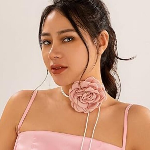 NEW Mauve Pink Fabric Flower French Choker Wrap Necklace - Picture 2 of 3